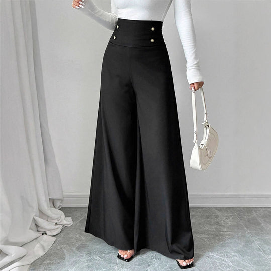 Damen Fließende Palazzo-Hose mit hohem Taillenbund und eleganten Knopfdetails R&B