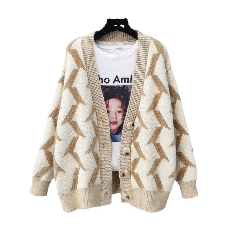 Damen Grobstrick Cardigan mit modernem Zickzackmuster und Knopfdetails R&B
