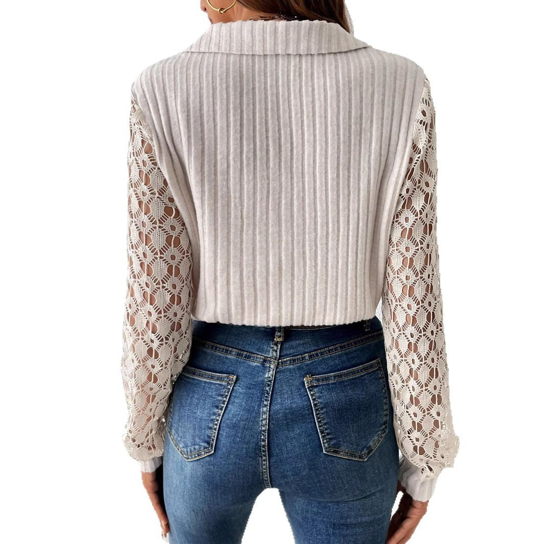 Damen Bluse mit aufwendigen Spitzenärmeln und eleganter Struktur Heidi-Mode