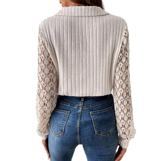 Damen Bluse mit aufwendigen Spitzenärmeln und eleganter Struktur Heidi-Mode