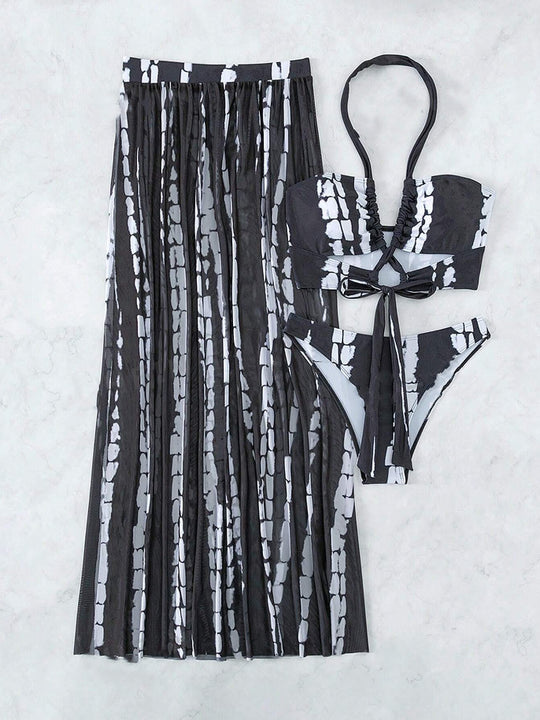Damen Bikini-Set mit elegantem Maxirock und femininem Oberteil R&B