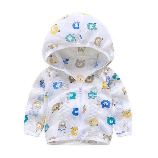 Unisex nan atmungsaktive Netz Kapuzen-Sonnenjacke für Säuglinge mit Reißverschluss und verspieltem Elefantenmotiv R&B