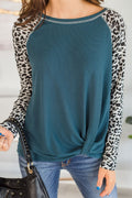 Damen Lockere Langarmbluse mit Leopardenärmeln und Knoten-Detail R&B