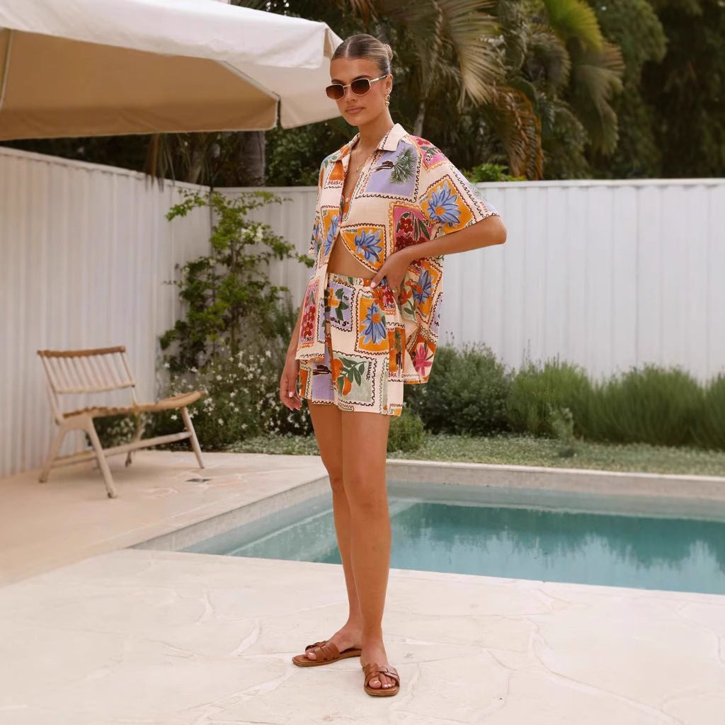 Damen Kurzarm-Hemd mit passender Shorts im floralem Design R&B