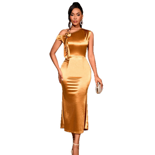 Damen elegantes Satin-Cocktailkleid mit einem Schulterdesign und Rüschenakzent R&B