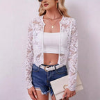 Damen nan kurz geschnittene transparente Spitzenbolerojacke mit floraler Spitze und Hakenverschluss R&B