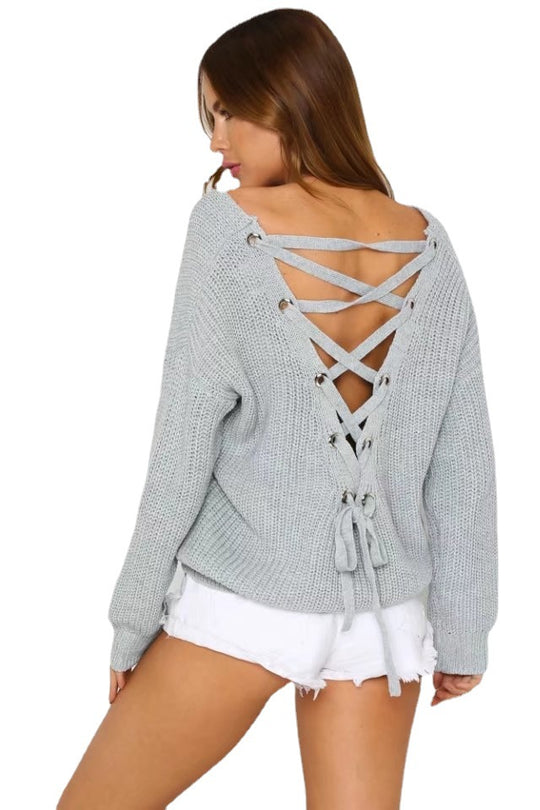 Damen modischer Strickpullover mit extravagantem Rückenausschnitt und Schnürdetails R&B