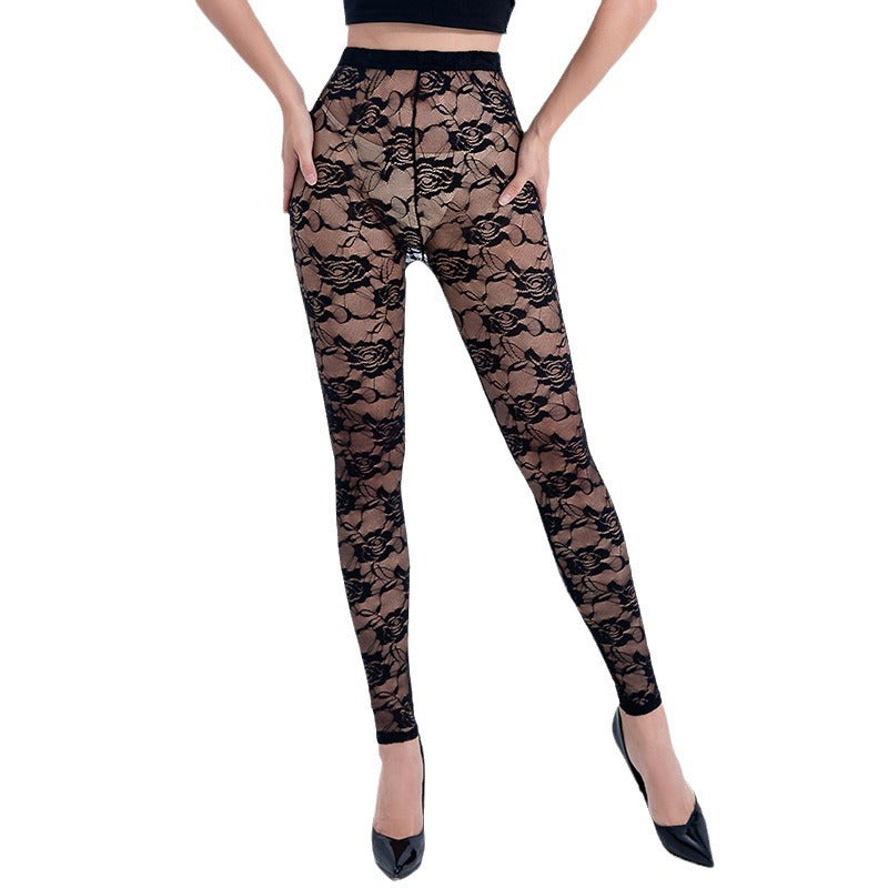 Damen Körperbetonte Leggings mit floralen Spitzenapplikationen R&B