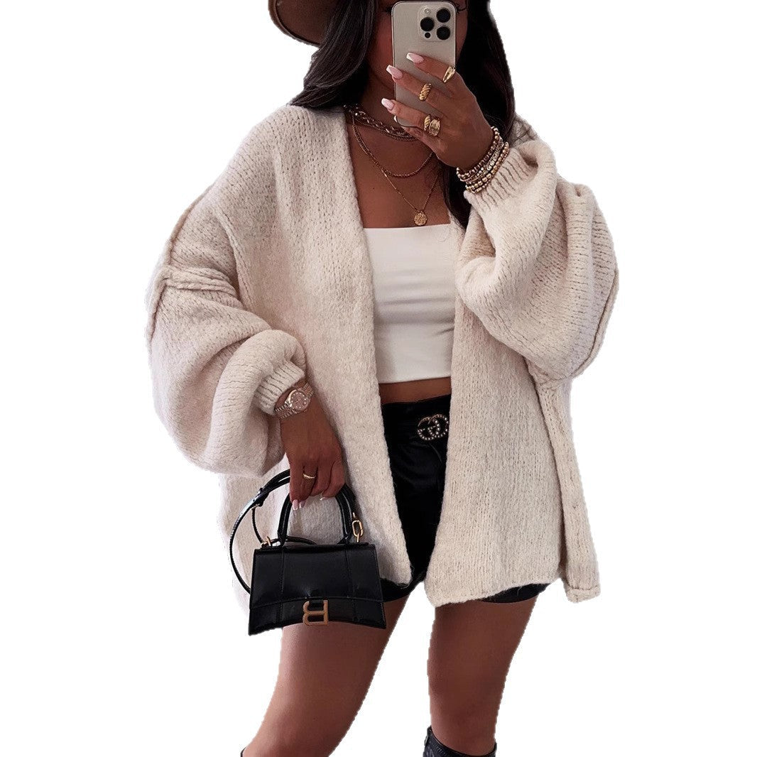 Damen lässiger Strickcardigan mit voluminösen Ärmeln und weichem Material R&B
