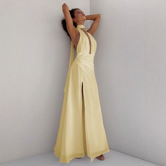 Damen Maxi-Kleid mit tiefem V-Ausschnitt und Wickeldesign R&B