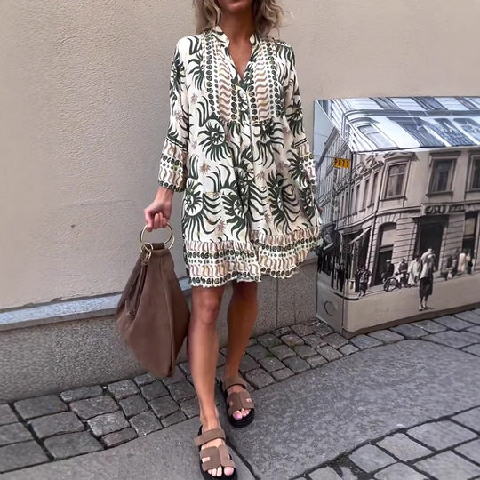 Damen nan locker geschnittenes Boho-Tunikakleid mit V-Ausschnitt geraffter Empire-Naht und Volant-Saum R&B