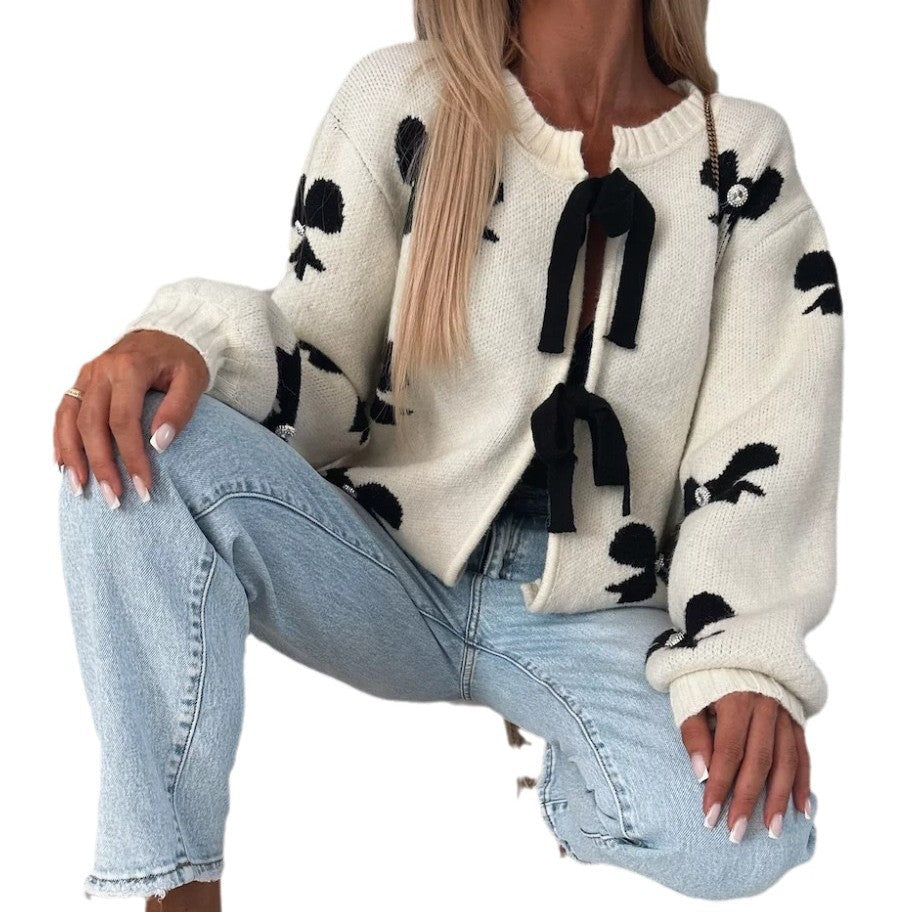 Damen Strickjacke mit dekorativen Schleifen und glänzenden Akzenten R&B