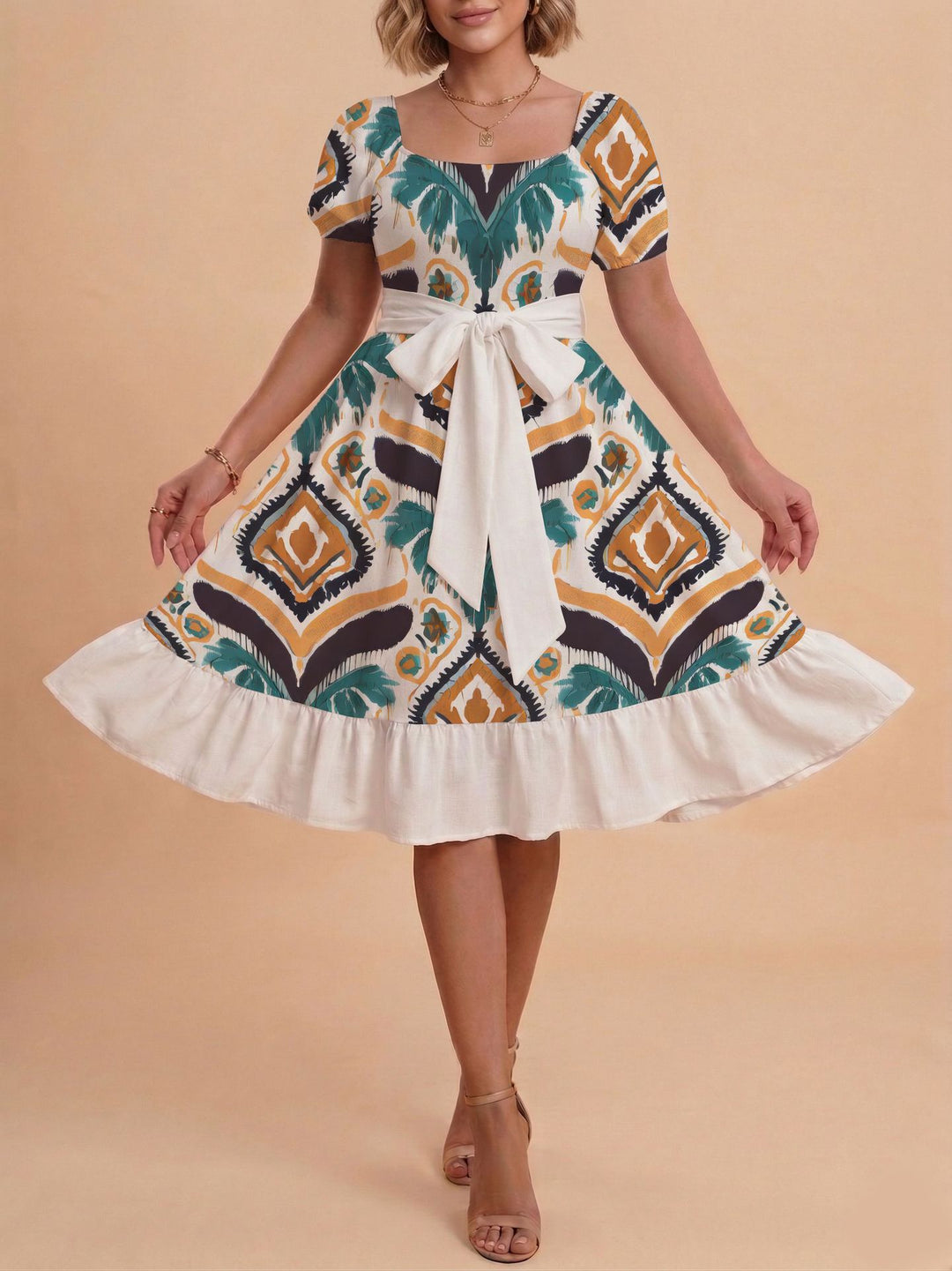 Damen Retro Maxikleid mit Puffärmeln und Taillengürtel R&B