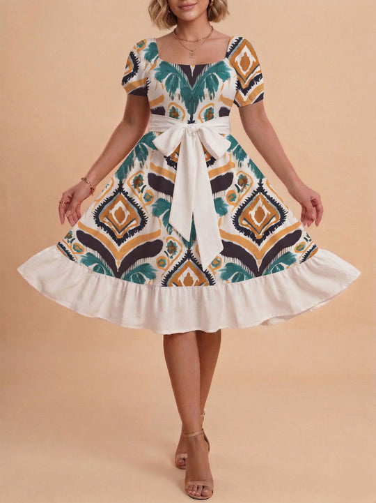 Damen Retro Maxikleid mit Puffärmeln und Taillengürtel R&B