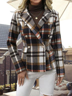Damen kariertes Zweireiher-Blazerjacke mit eleganten Knopfdetails und maßgeschneidertem Schnitt R&B