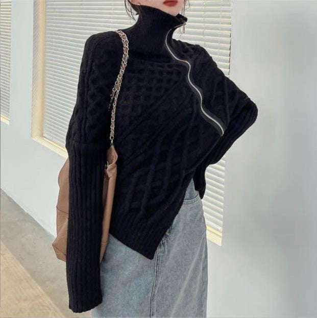 Damen hochwertiger Strickpullover mit hohem Kragen und asymmetrischem Design R&B