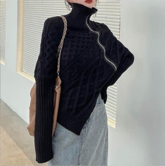 Damen hochwertiger Strickpullover mit hohem Kragen und asymmetrischem Design R&B
