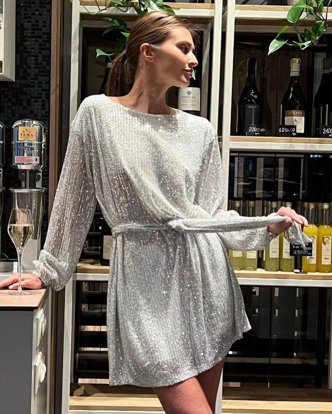 Damen Glamouröses Cocktailkleid mit funkelnden Lurex-Fäden und elastischem Taillengürtel R&B