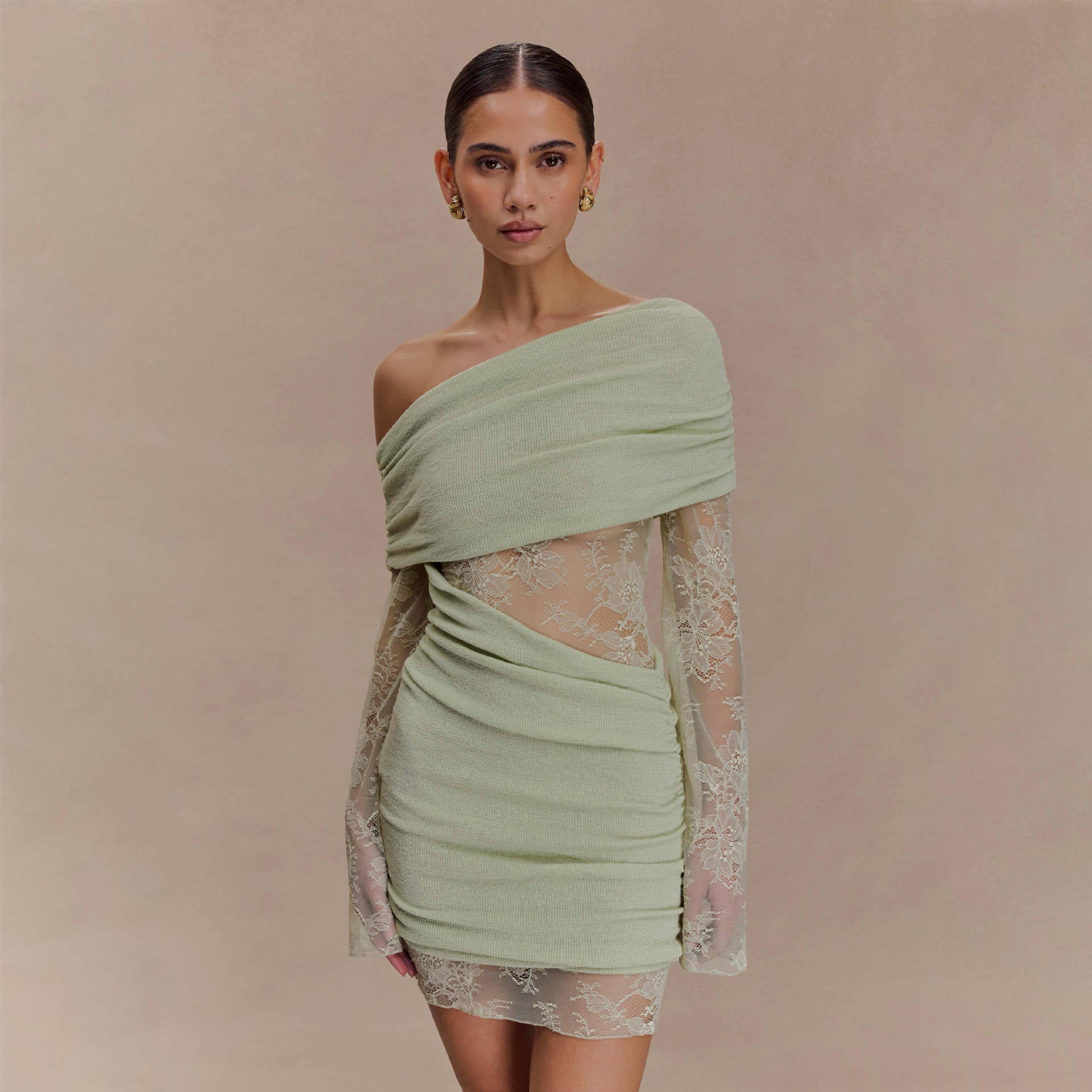 Damen elegantes Minikleid mit Spitzenärmeln R&B
