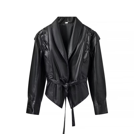 Damen cropped Kunstlederjacke mit Finish und asymmetrischem Kragen R&B