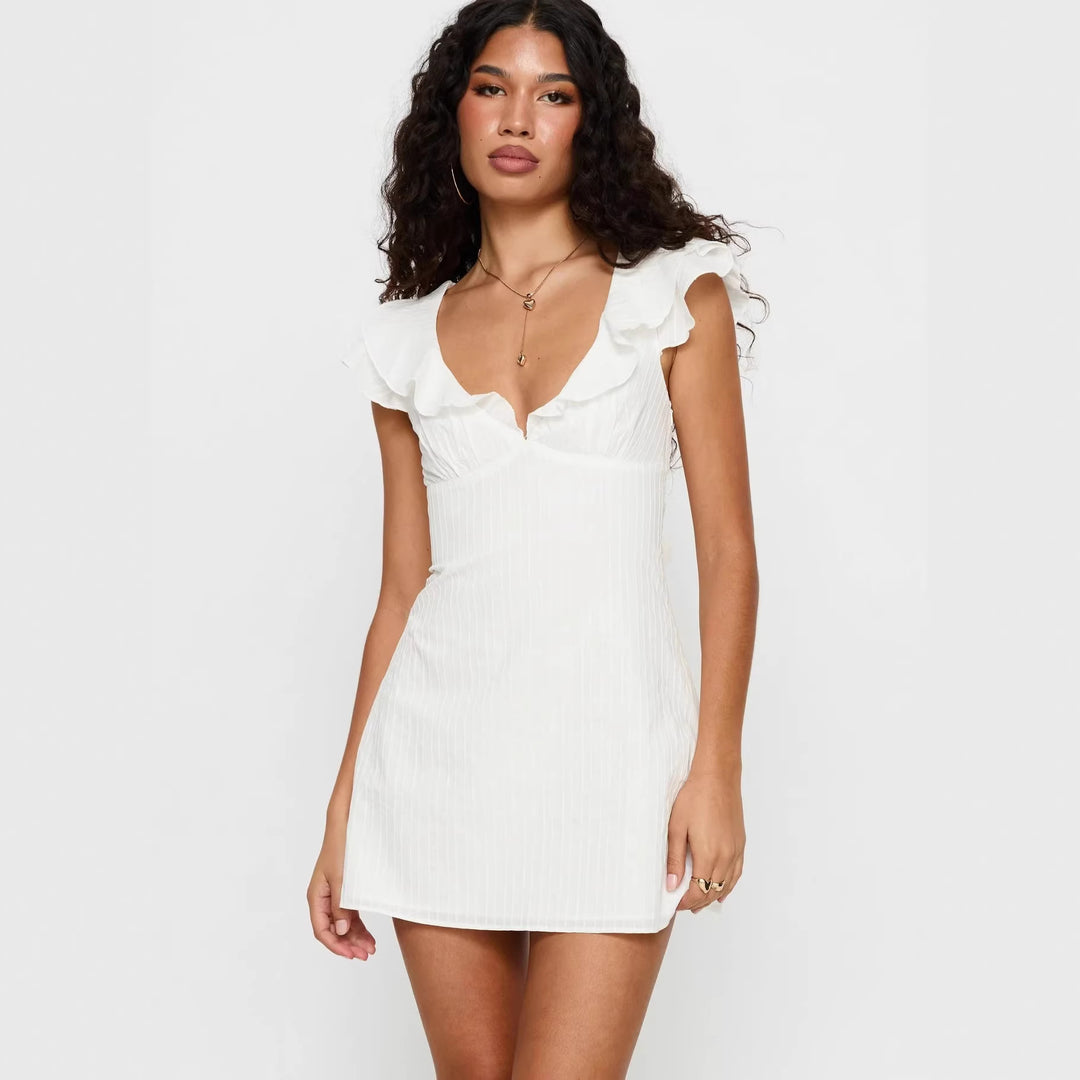 Damen Mini-Kleid mit Rüschenausschnitt und figurbetontem Schnitt R&B