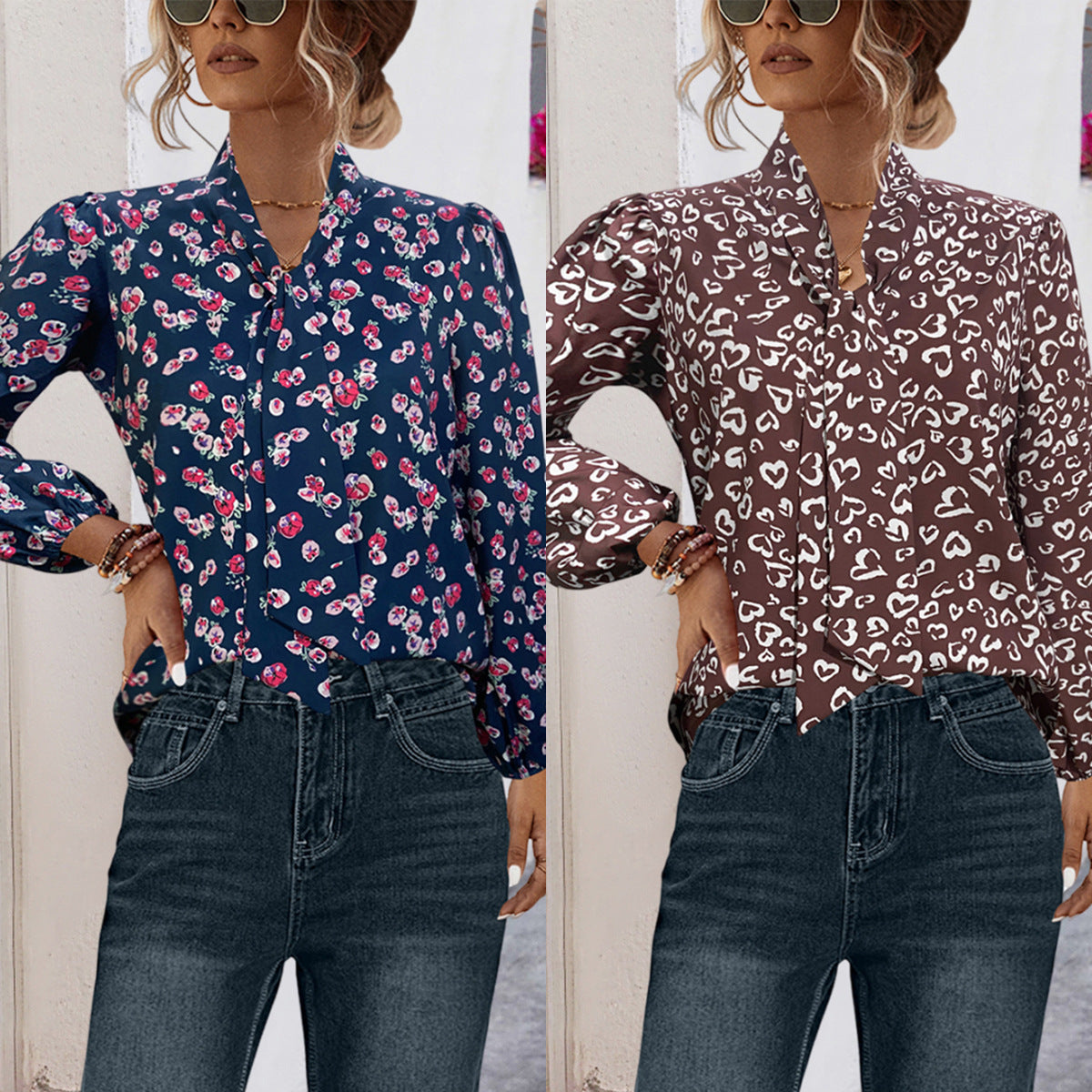 Damen Bluse mit floralem Design und eleganter Schleifenöffnung R&B