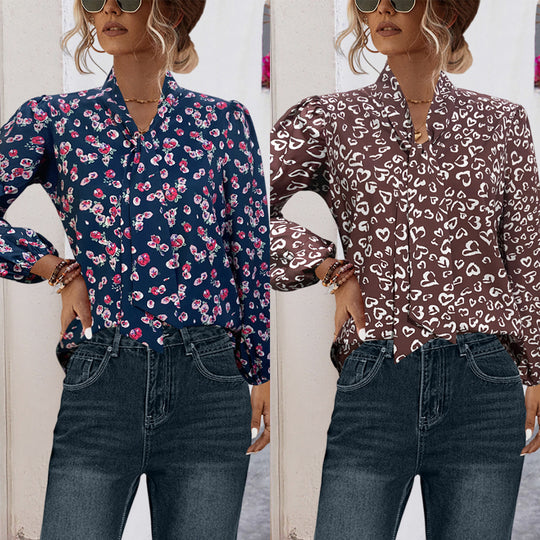 Damen Bluse mit floralem Design und eleganter Schleifenöffnung R&B