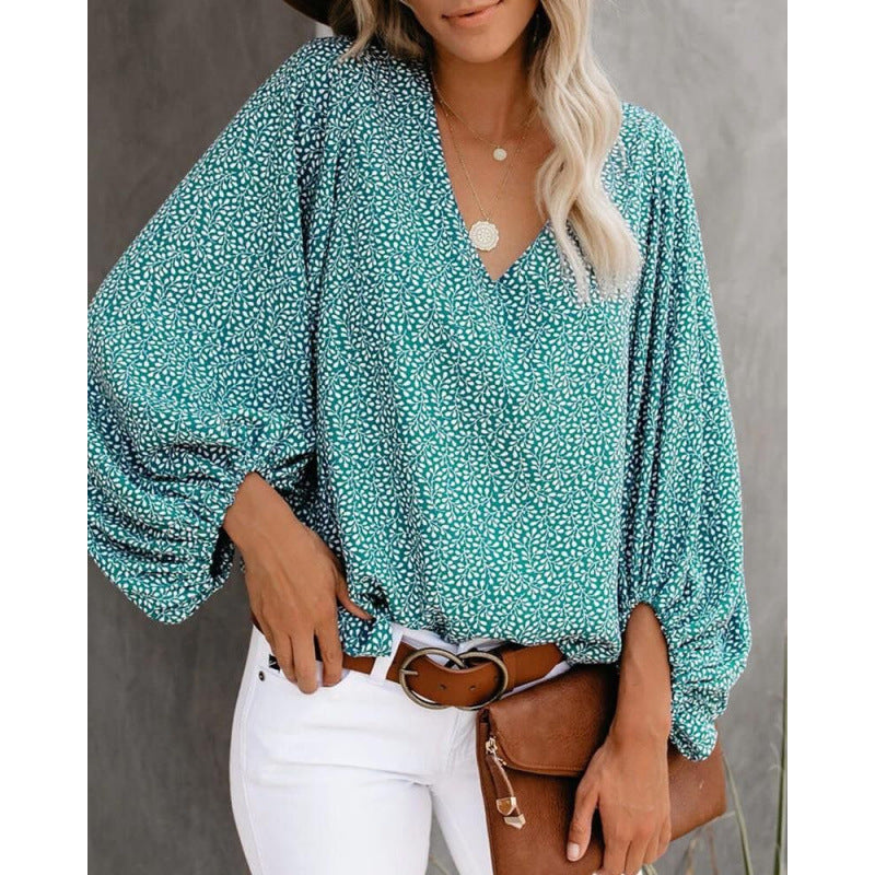 Damen Bluse mit weitem Puffärmel und eleganter V-Ausschnitt R&B