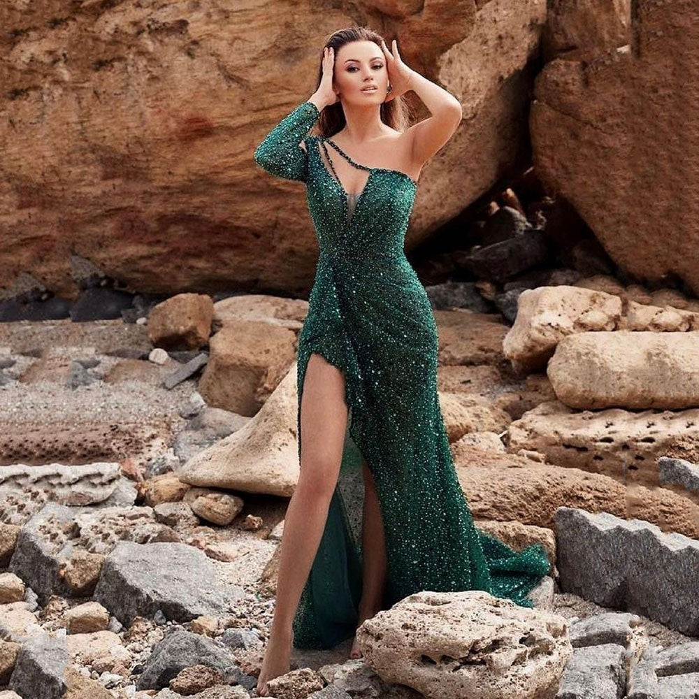 R&B | Puff Kurzarm Tailliertes Pailletten Midi Partykleid