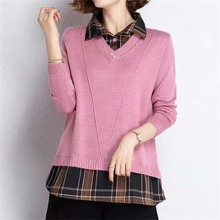 Damen Layered Strickpullover mit V-Ausschnitt und trendy Hemdbluse R&B