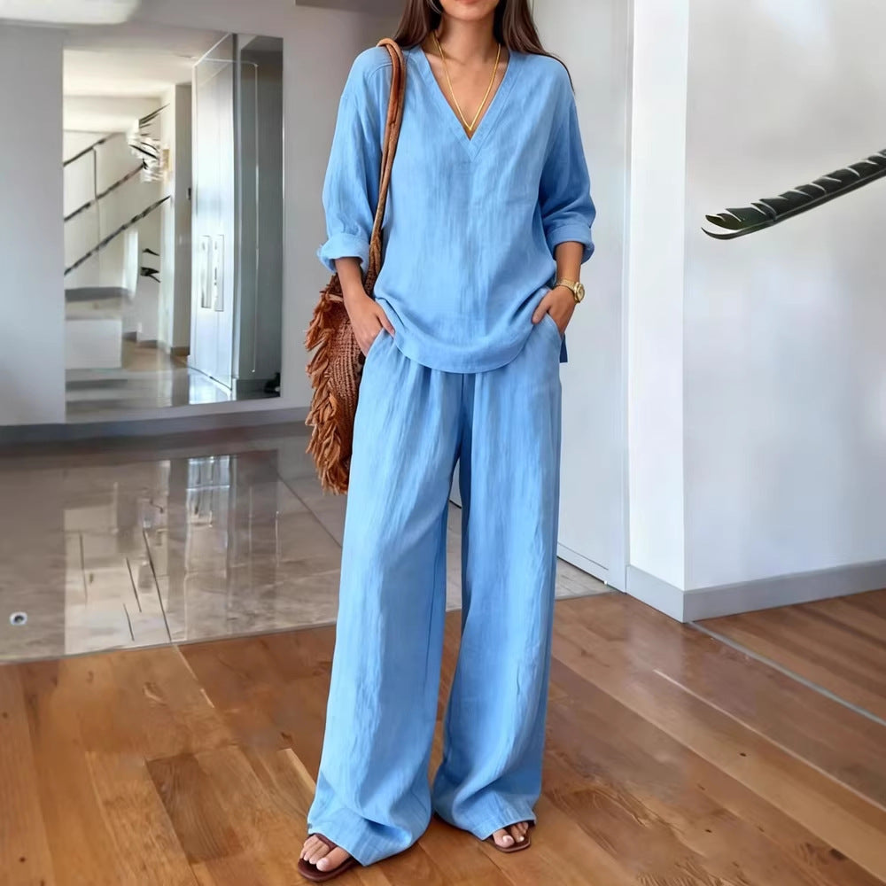 Damen Leichte Sommerhose mit weitem Schnitt und V-Ausschnitt Shirt R&B