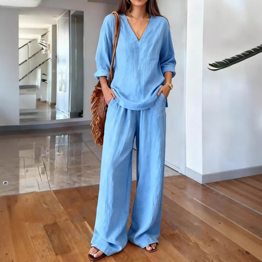 Damen Leichte Sommerhose mit weitem Schnitt und V-Ausschnitt Shirt R&B