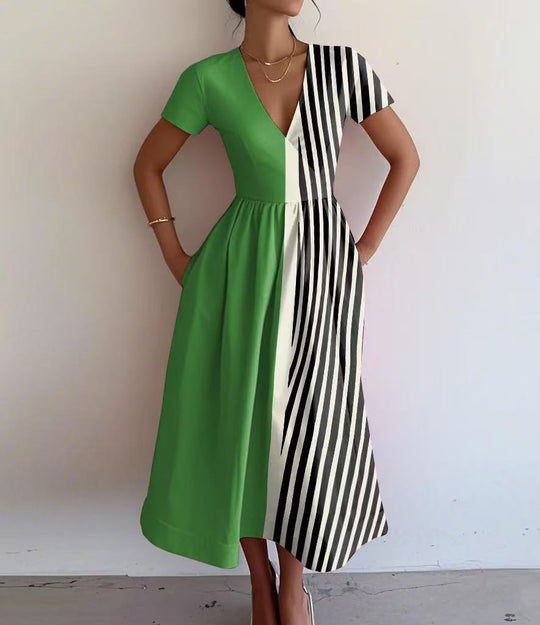 Damen Maxikleid mit tiefem V-Ausschnitt und modischem Streifenmuster R&B
