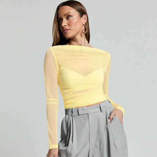 Damen Elegantes Langarmoberteil mit transparentem Mesh und Raffung R&B