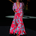 Damen Maxi-Kleid mit schwingendem Saum und tiefem V-Ausschnitt R&B