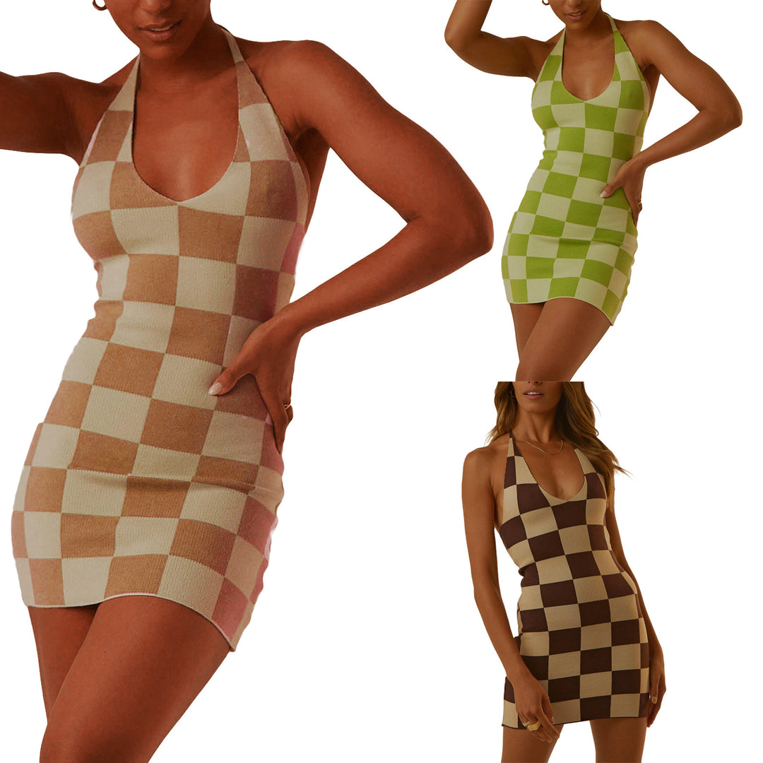 Damen enganliegendes Karomuster-Kleid mit tiefem V-Ausschnitt R&B