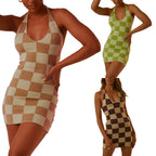 Damen enganliegendes Karomuster-Kleid mit tiefem V-Ausschnitt R&B