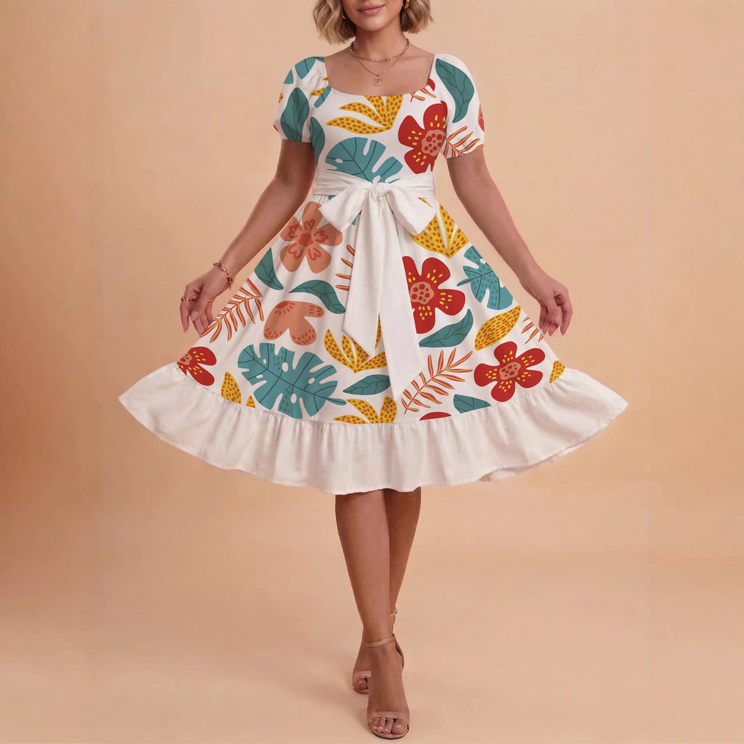 Damen Sommerliches Blumenkleid mit taillierbarem Gürtel und voluminösen Ärmeln R&B