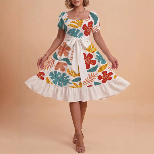 Damen Sommerliches Blumenkleid mit taillierbarem Gürtel und voluminösen Ärmeln R&B