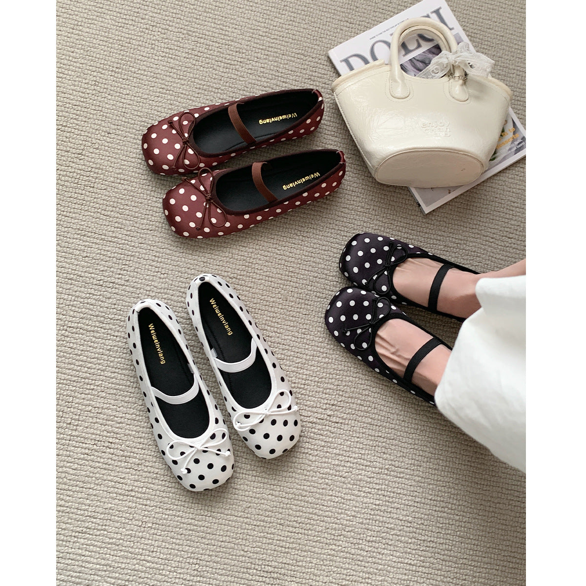 Damen Ballerinas mit modischem Punkte-Design und elastischem Riemen