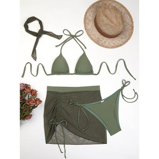 Damen Triangelbikini-Set mit transparentem Überrock und modischem Stirnband R&B