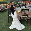 Damen elegantes langärmliges Kleid mit hochgeschlossenem Design und grafischem Punkte-Muster R&B