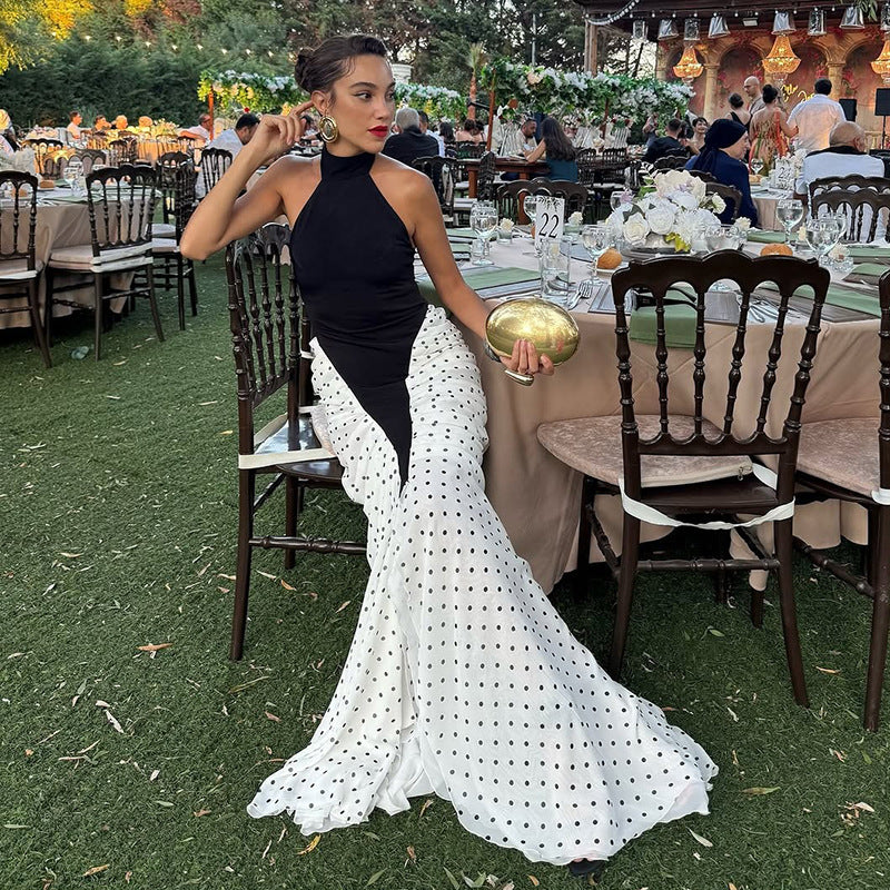 Damen elegantes langärmliges Kleid mit hochgeschlossenem Design und grafischem Punkte-Muster R&B
