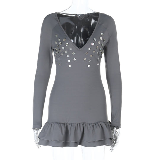 Damen Mini-Kleid mit tiefem V-Ausschnitt und dekorativen Pailletten R&B