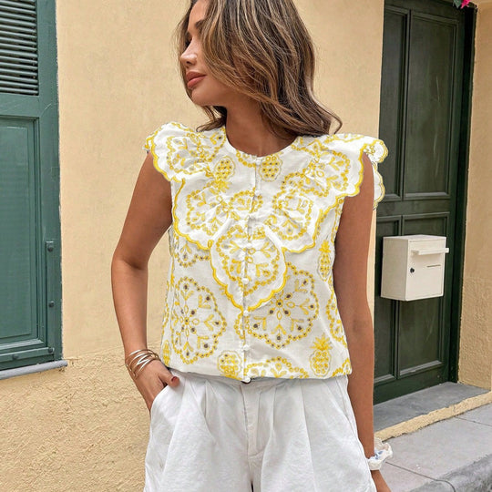Damen Spitzenoberteil mit floralen Stickereien und Rüschendetails R&B