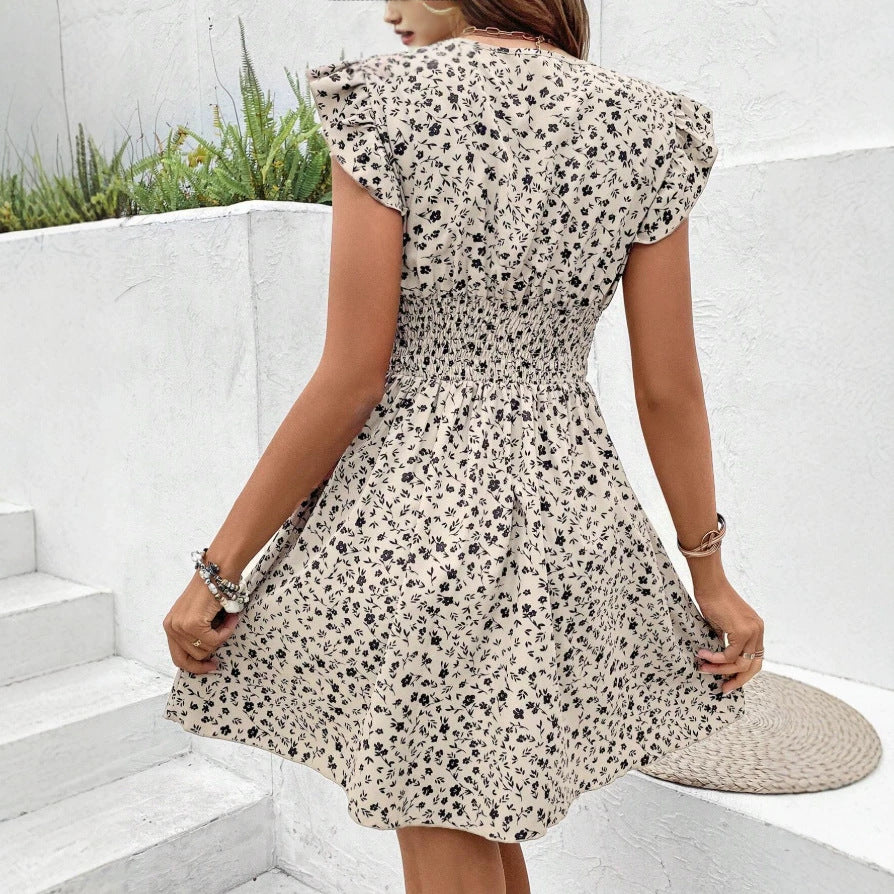 Damen Minikleid mit floralem V-Ausschnitt und Rüschendetails R&B