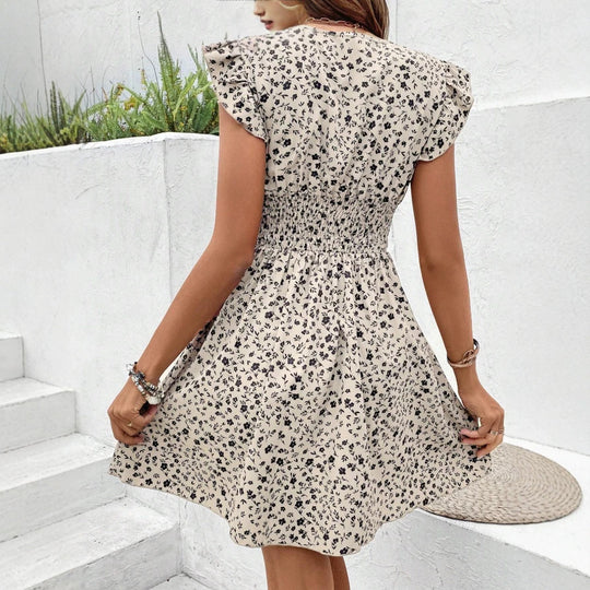 Damen Minikleid mit floralem V-Ausschnitt und Rüschendetails R&B