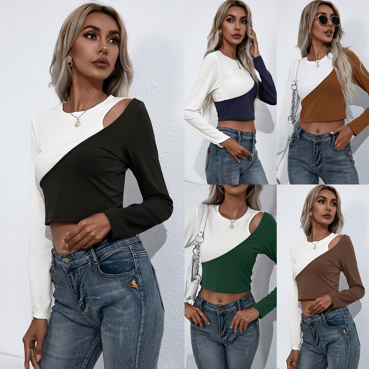 Damen Asymmetrisches Langarm-Crop-Top aus geripptem Material mit einzigartigem Farbdesign