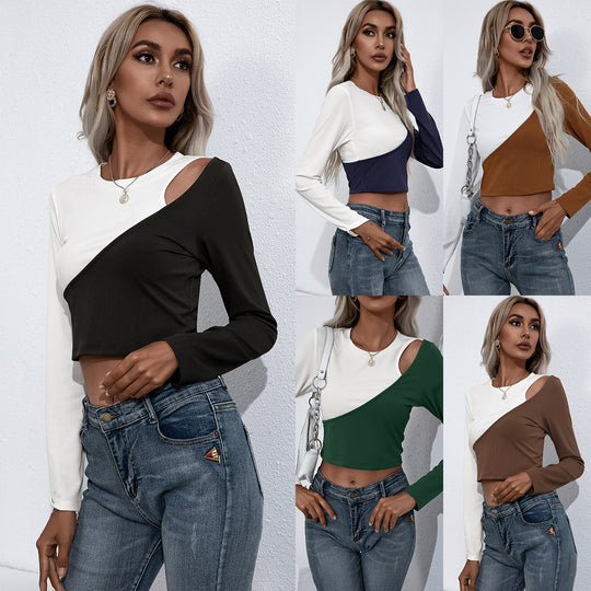 Damen Asymmetrisches Langarm-Crop-Top aus geripptem Material mit einzigartigem Farbdesign R&B