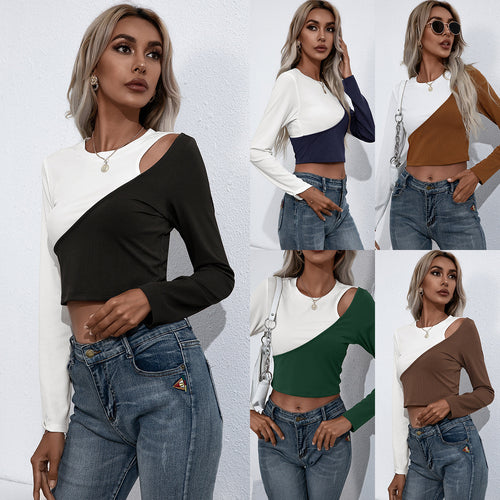Damen Asymmetrisches Langarm-Crop-Top aus geripptem Material mit einzigartigem Farbdesign R&B